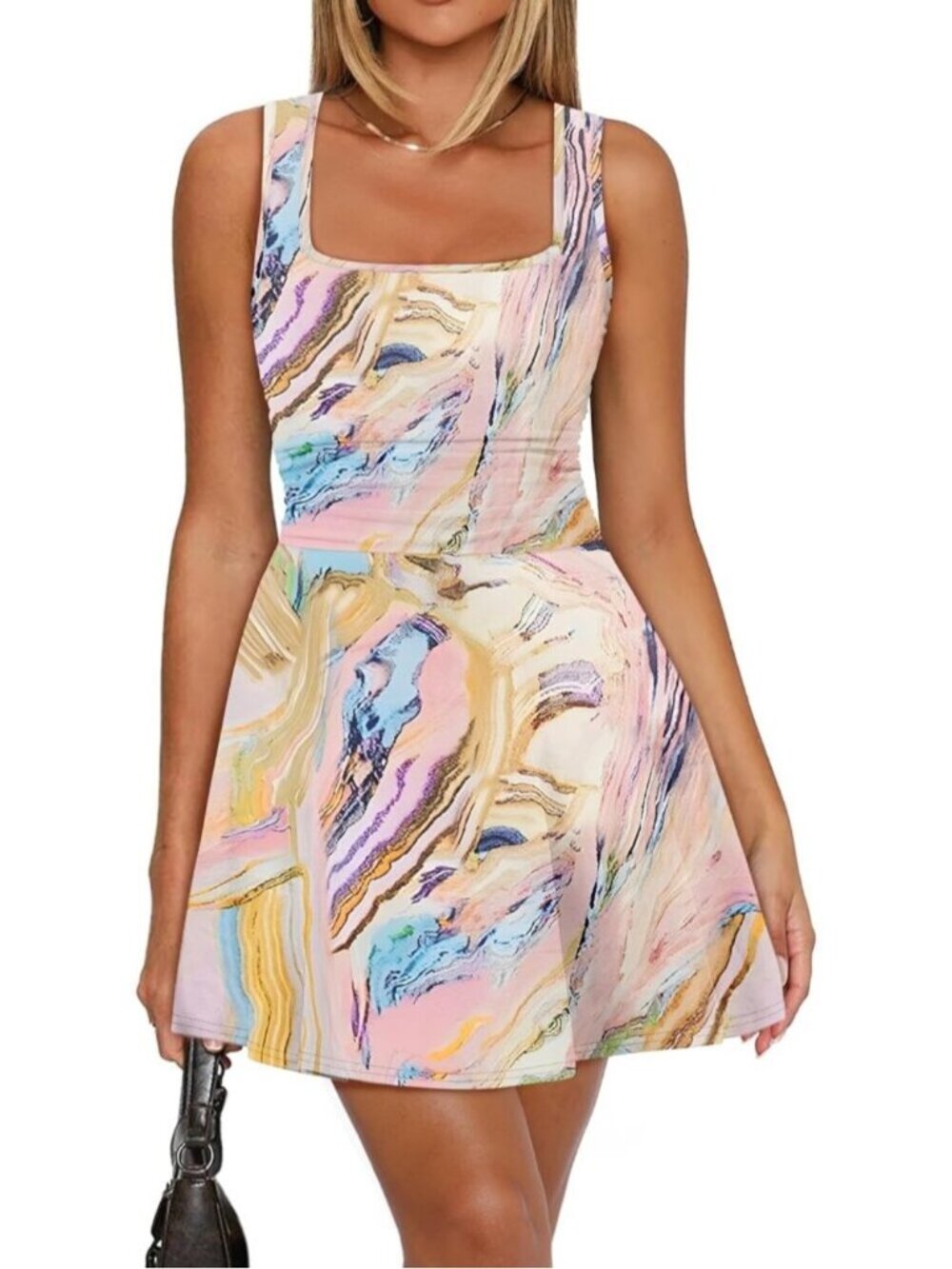 Women's Print Pink Square Neck Ruched Waist Fit Flare Pleated Pull On Mini Dress